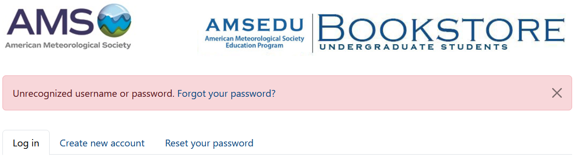 Account page with the username and password not recognized error message